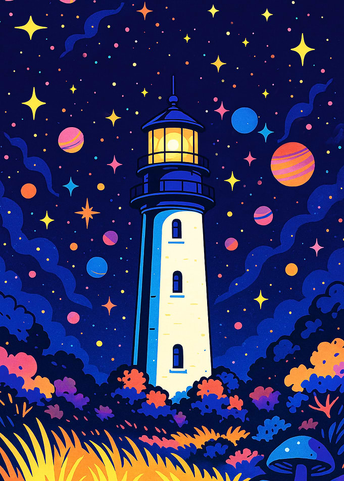 Lighthouse under starry sky illustration