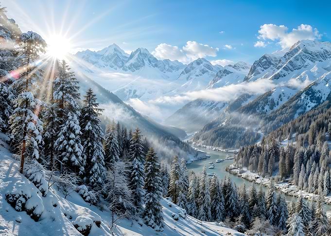 Snowy Mountain Landscape with River