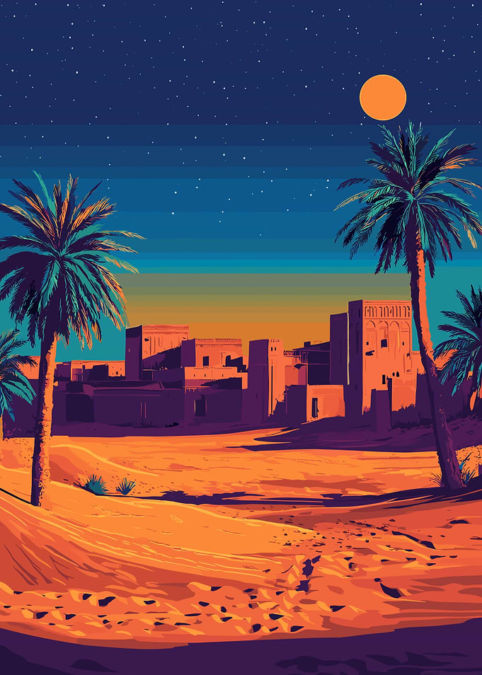 Desert Oasis Night Scene Illustration