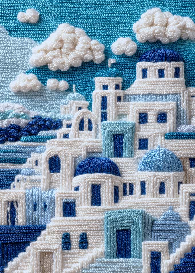 Santorini Skyline Embroidery Art
