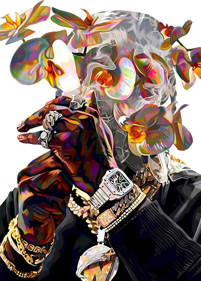 Pop Smoke Abstract Portrait with Jewelry and Flowers
