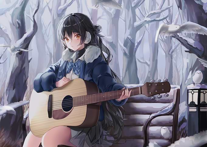 Anime Girl with Guitar in Winter