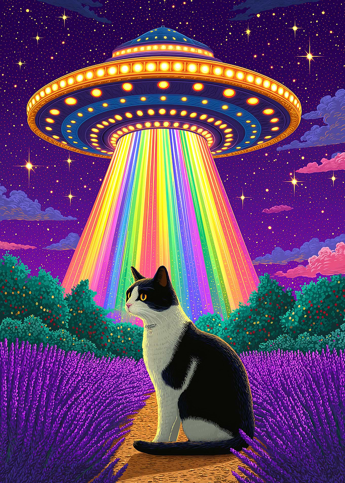 Cat, UFO, and Lavender Field