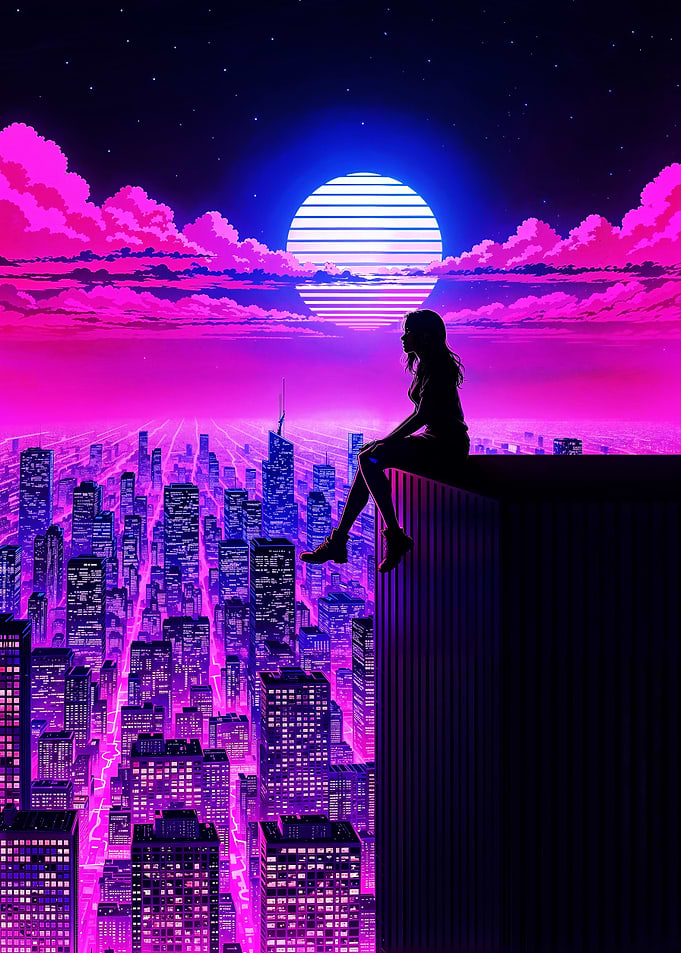 Alone Above the City - Synthwave Neon Skyline Reflections
