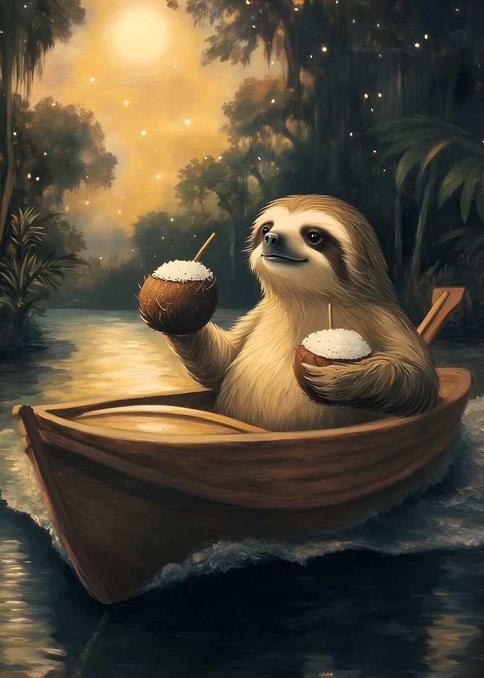 Sloth on a boat with cocktails