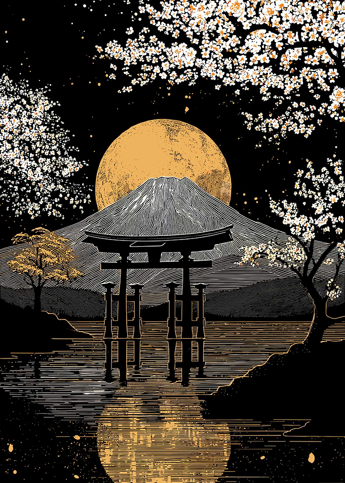Mount Fuji with Torii Gate and Moon