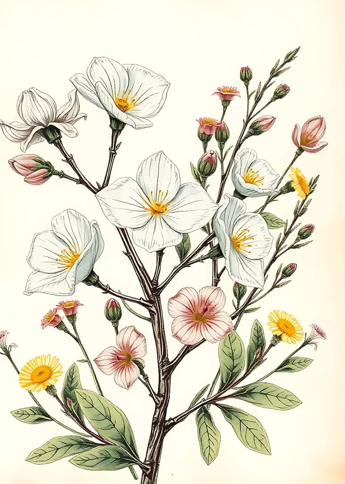 Botanical Illustration of White and Pink Flowers