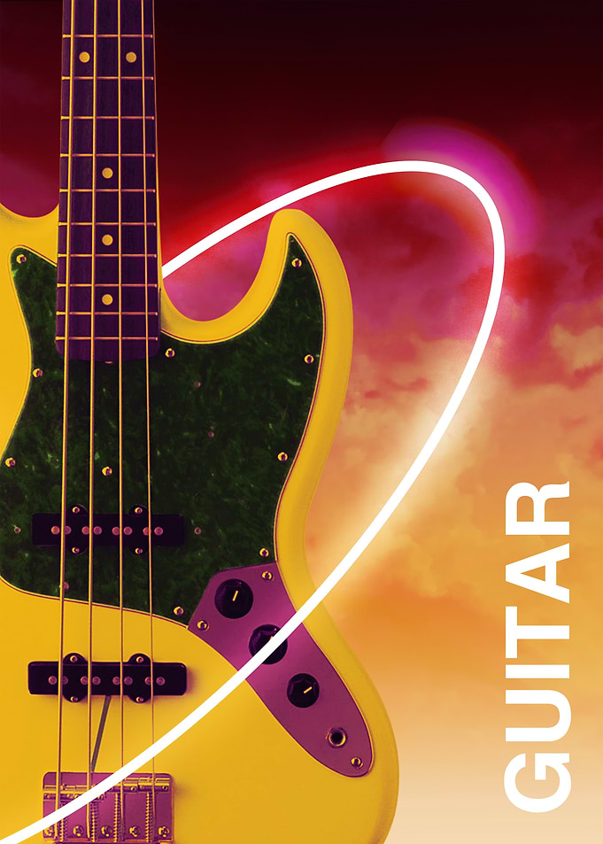 Yellow Bass Guitar with Abstract Background