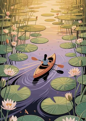 Kayaking through lily pads on a lake