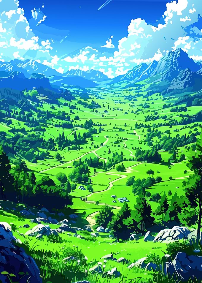 Anime Style Green Valley Landscape