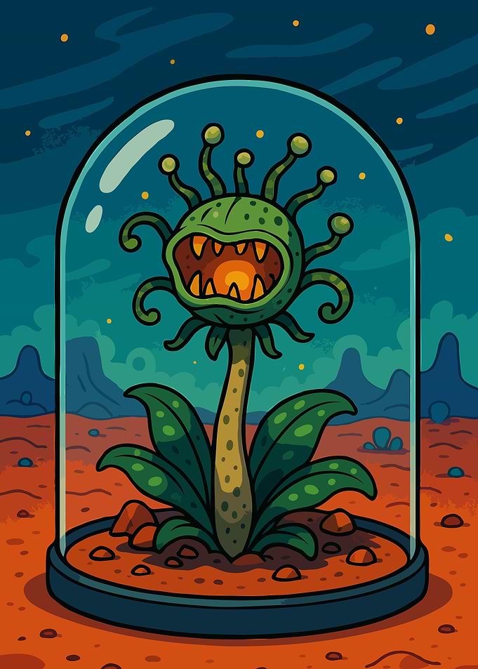 Cartoon Alien Plant in Terrarium