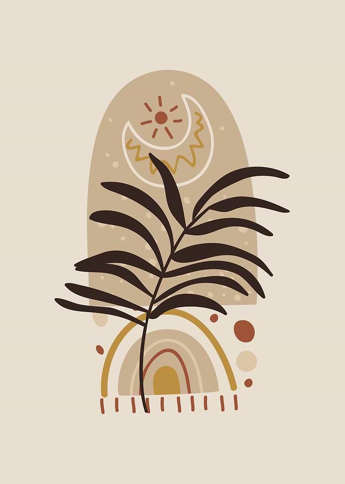 Boho Abstract Art with Plant and Rainbow