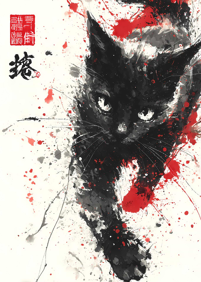 Black Cat Ink Painting
