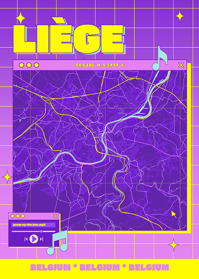 Liège Map Art with Retro Aesthetic