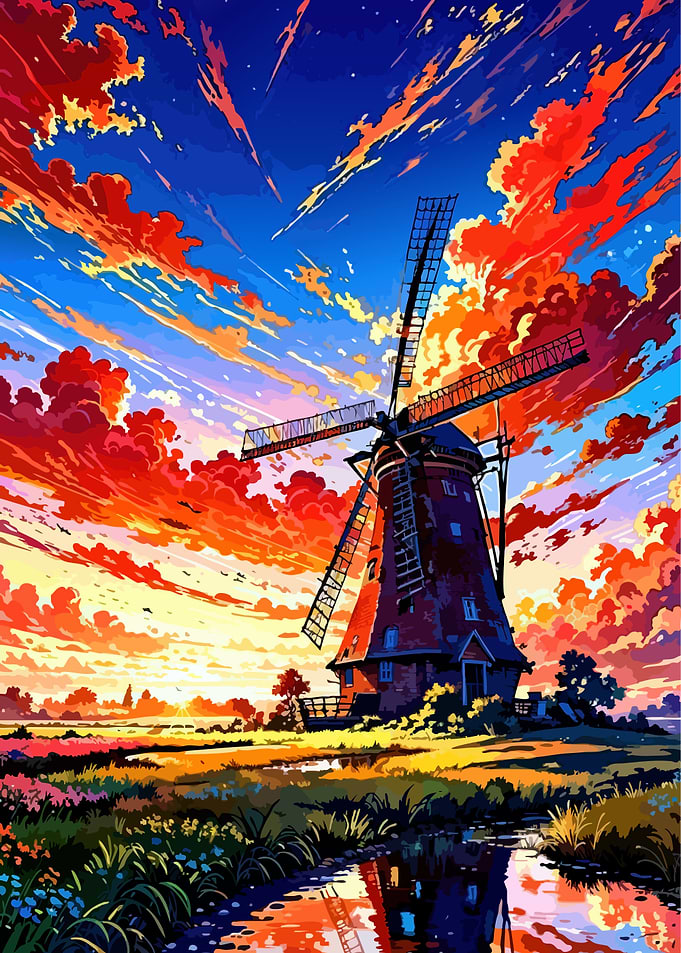 Dutch Windmill Landscape at Sunset