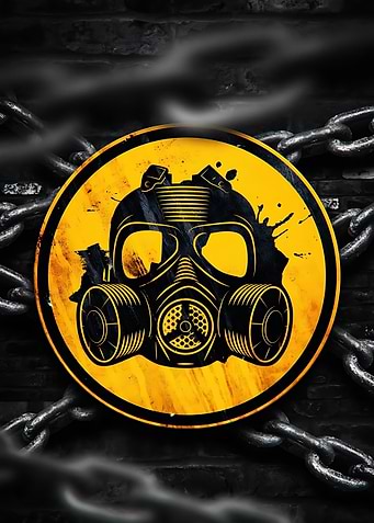 Gas Mask Warning Sign on Chains