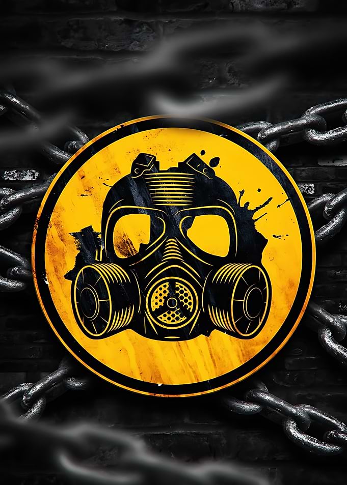 Gas Mask Warning Sign on Chains