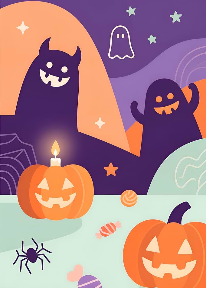 Halloween Illustration with Pumpkins and Ghosts