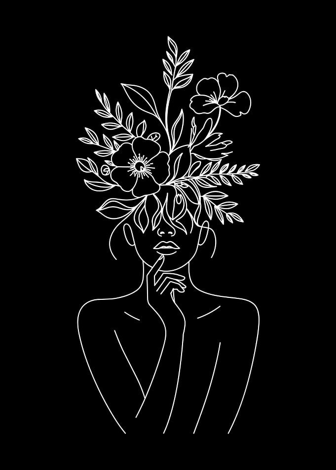 Floral Woman Line Art on Black