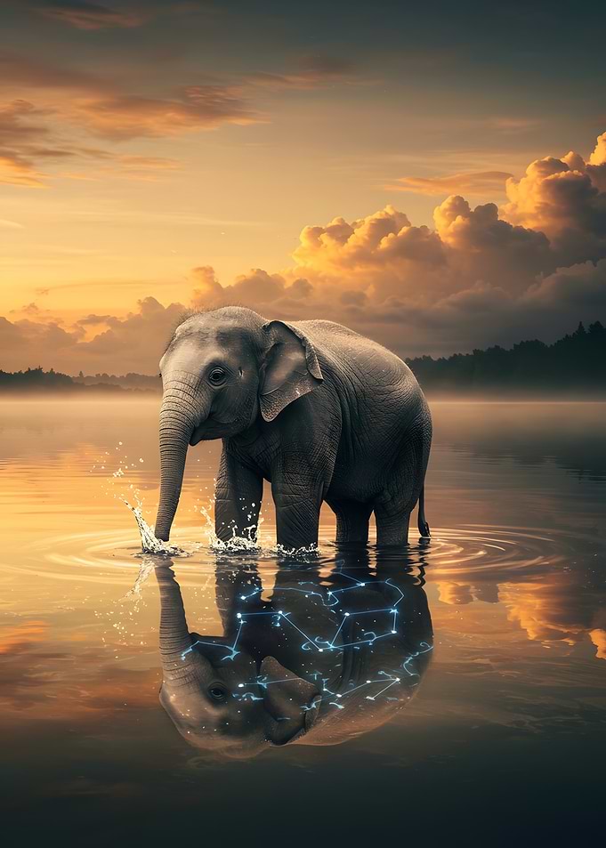 Elephant in Water with Constellation Reflection