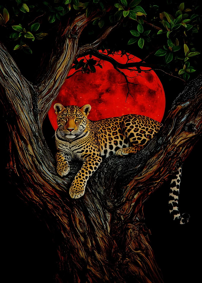 Leopard in Tree with Red Moon