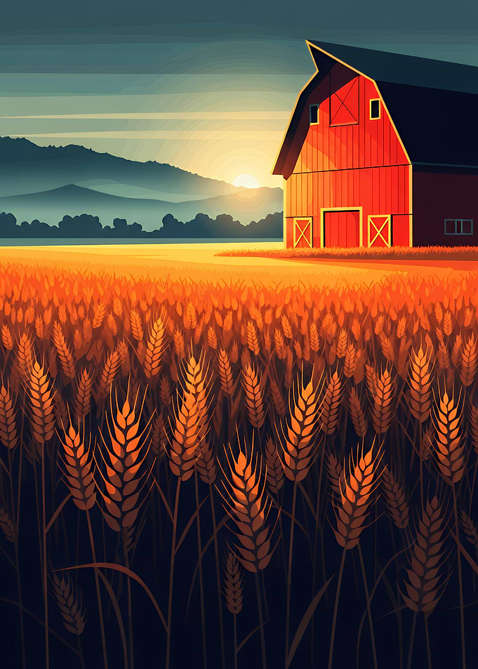 Red Barn in Golden Wheat Field