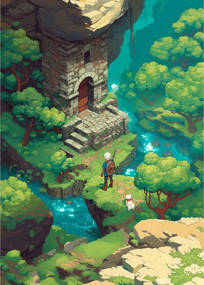 Isometric Fantasy Landscape with Character and Dog