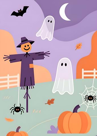Halloween Cartoon Scene with Ghosts