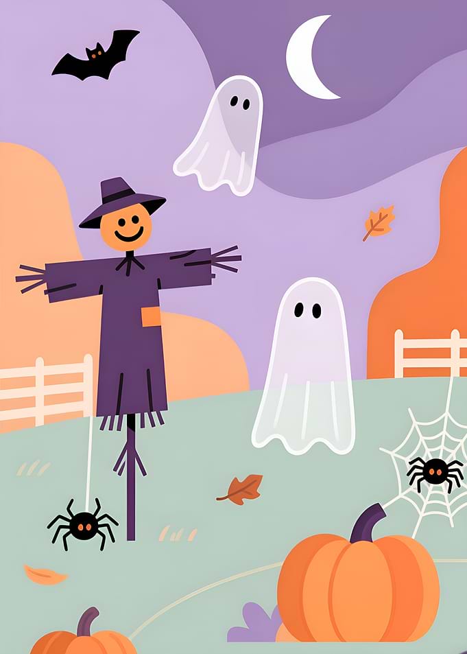 Halloween Cartoon Scene with Ghosts