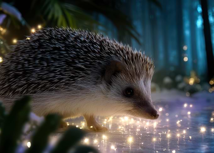 Hedgehog in Enchanted Forest with Lights