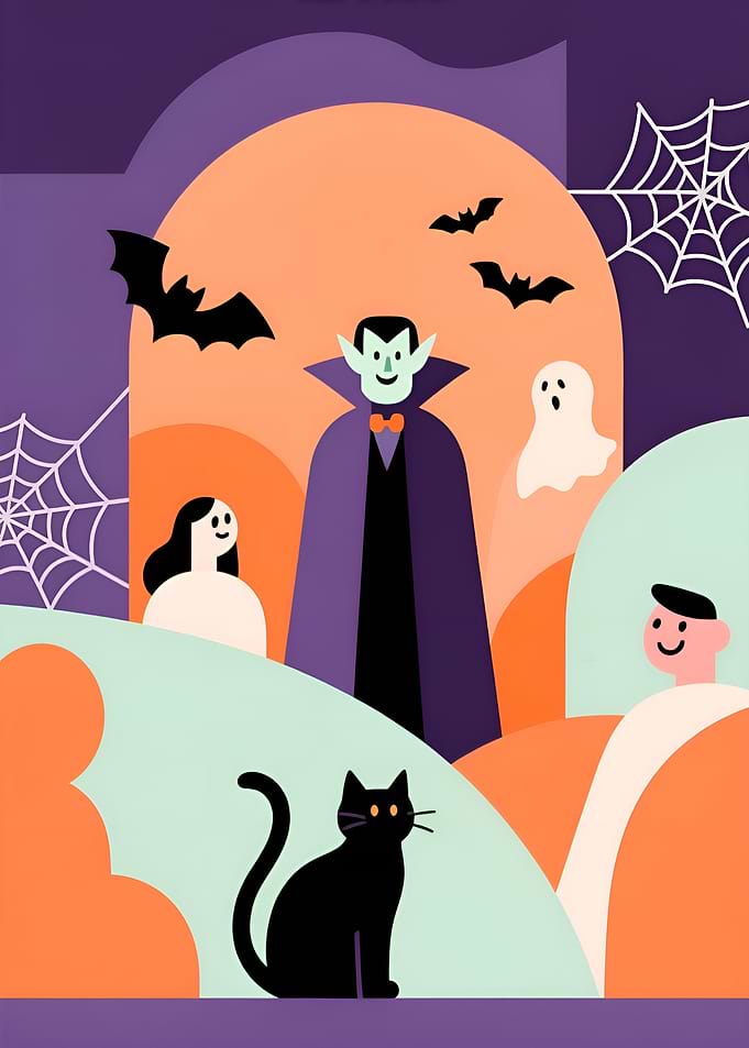 Halloween Cartoon with Vampire and Black Cat