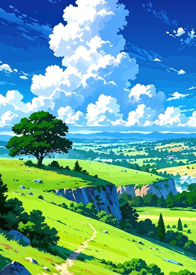 Anime Style Landscape with Tree and Clouds