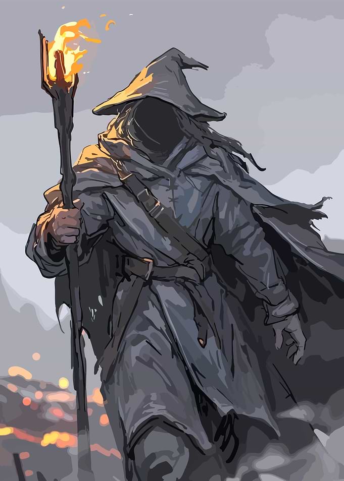 Mysterious hooded figure with torch illustration