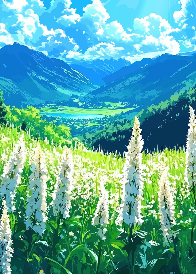 Anime Style Mountain Landscape with Flowers