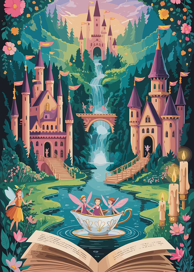 Fairytale Castle Landscape with Fairies and Book