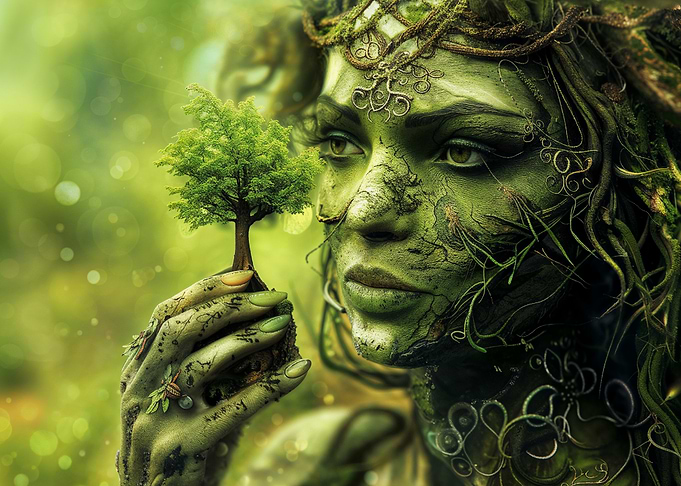 Green Goddess Holding a Tree