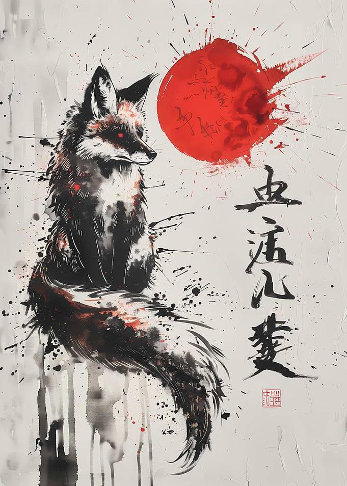 Blood Moon Kitsune Ink Painting