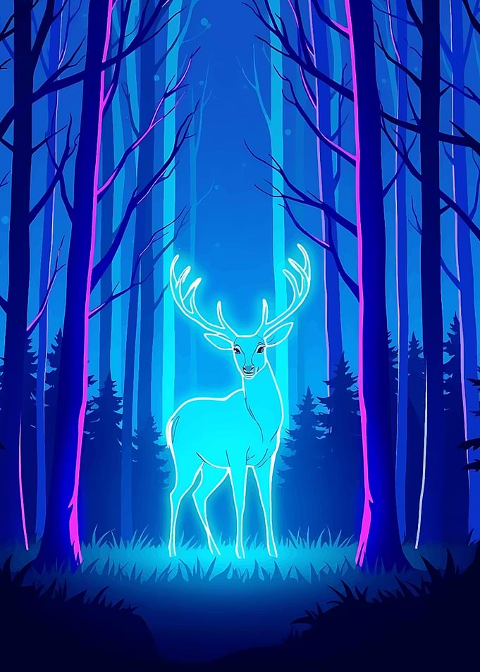 Neon Deer in Blue Forest