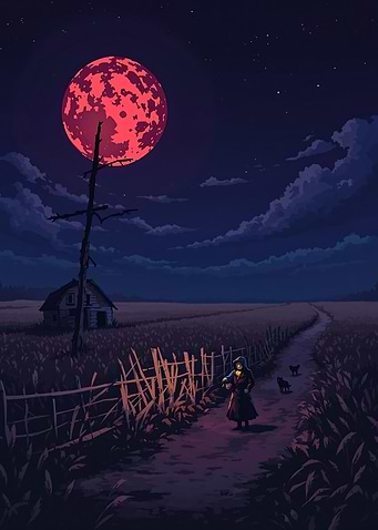 Night Landscape with Red Moon