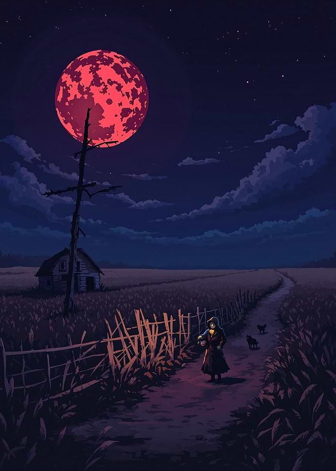 Night Landscape with Red Moon