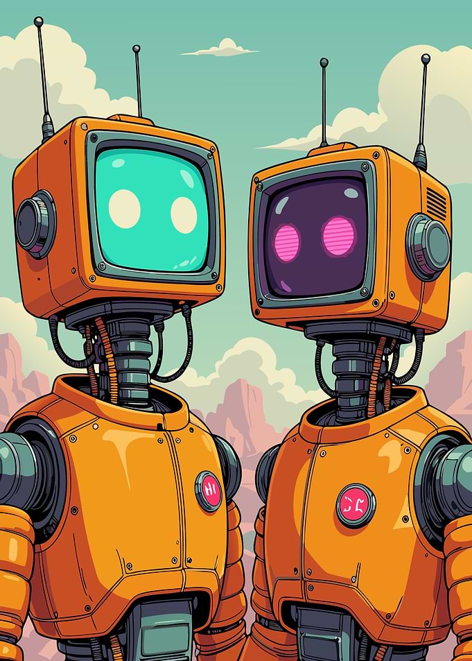 Two Cartoon Robots with TV Heads