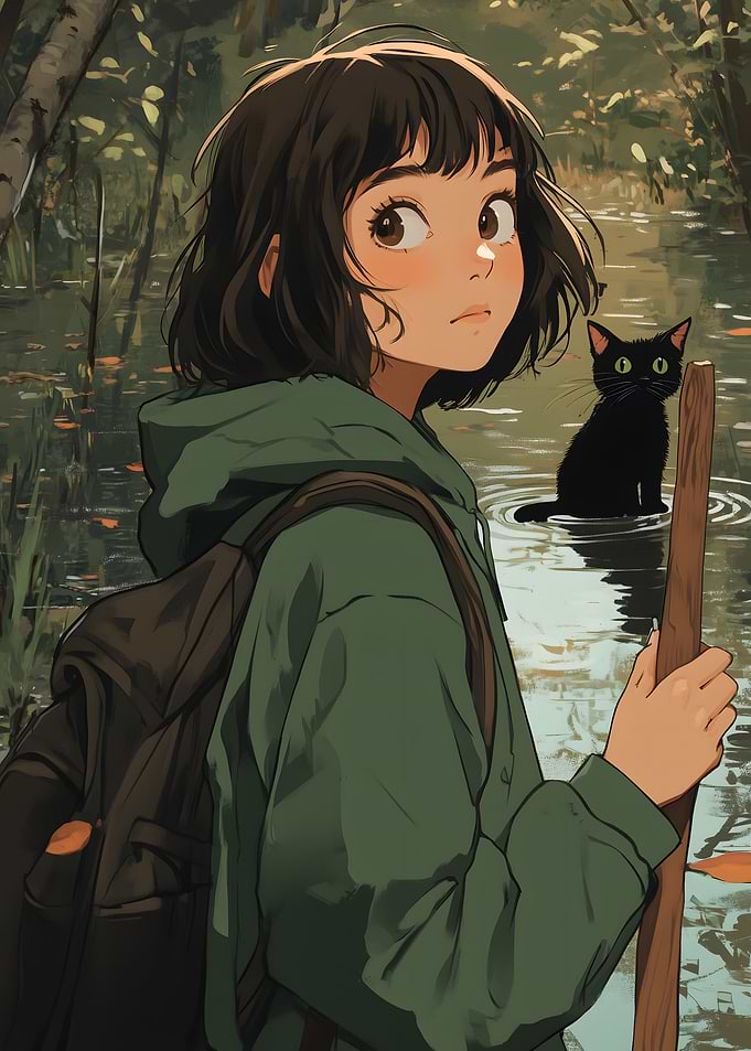 Anime Girl with Cat in Forest