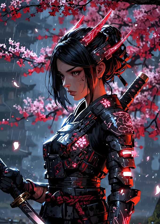 Cyberpunk Samurai Girl Cherry Blossoms