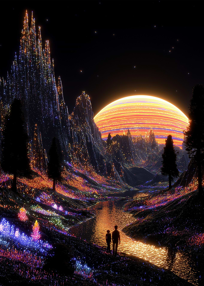 Sparkling Landscape with Figures and Planet