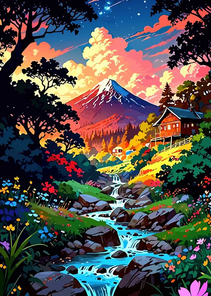 Colorful Mountain Landscape with Stream and Cabin