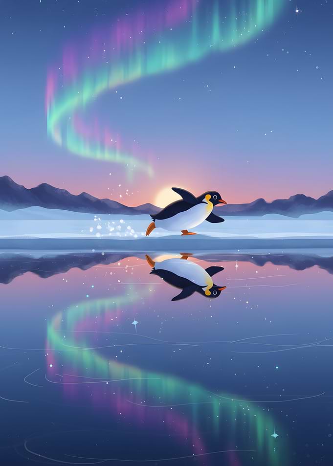 Penguin skating on ice with aurora
