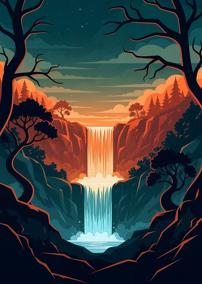 Waterfall Landscape with Trees and Sunset