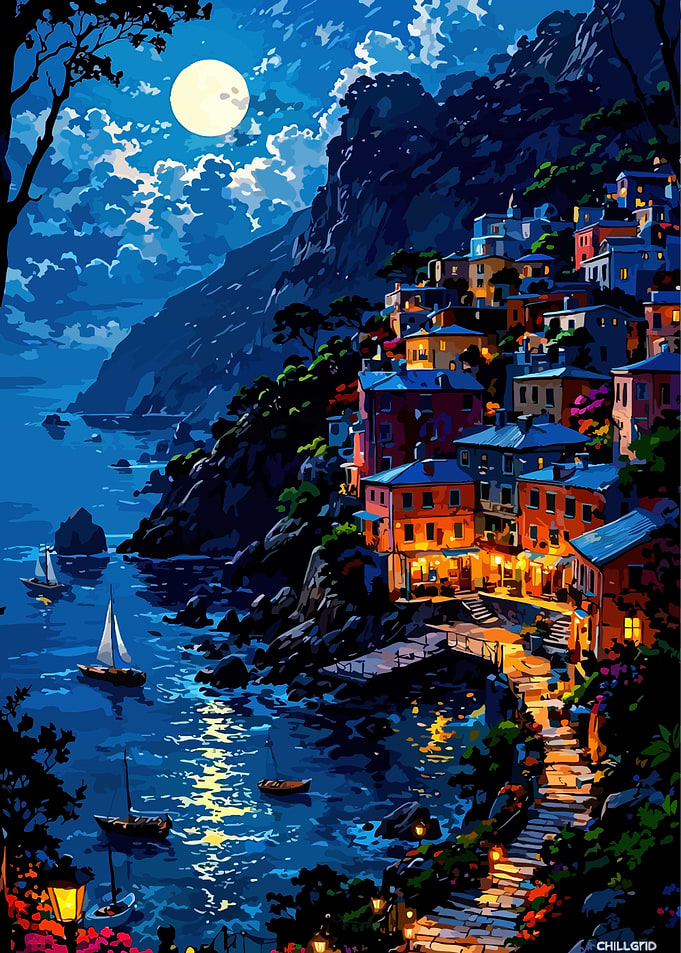 Coastal Village at Night Under Moonlight