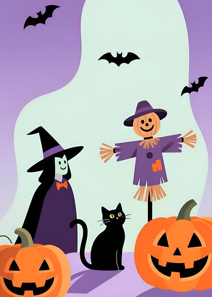 Halloween Cartoon with Witch and Scarecrow