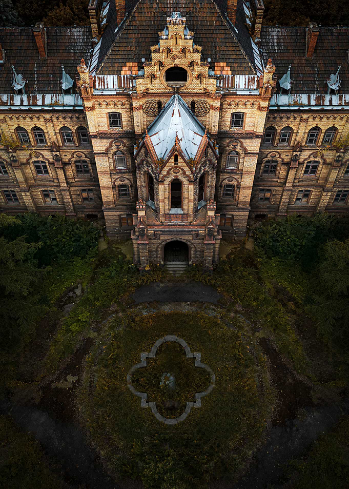Aerial View of Abandoned Brick Building